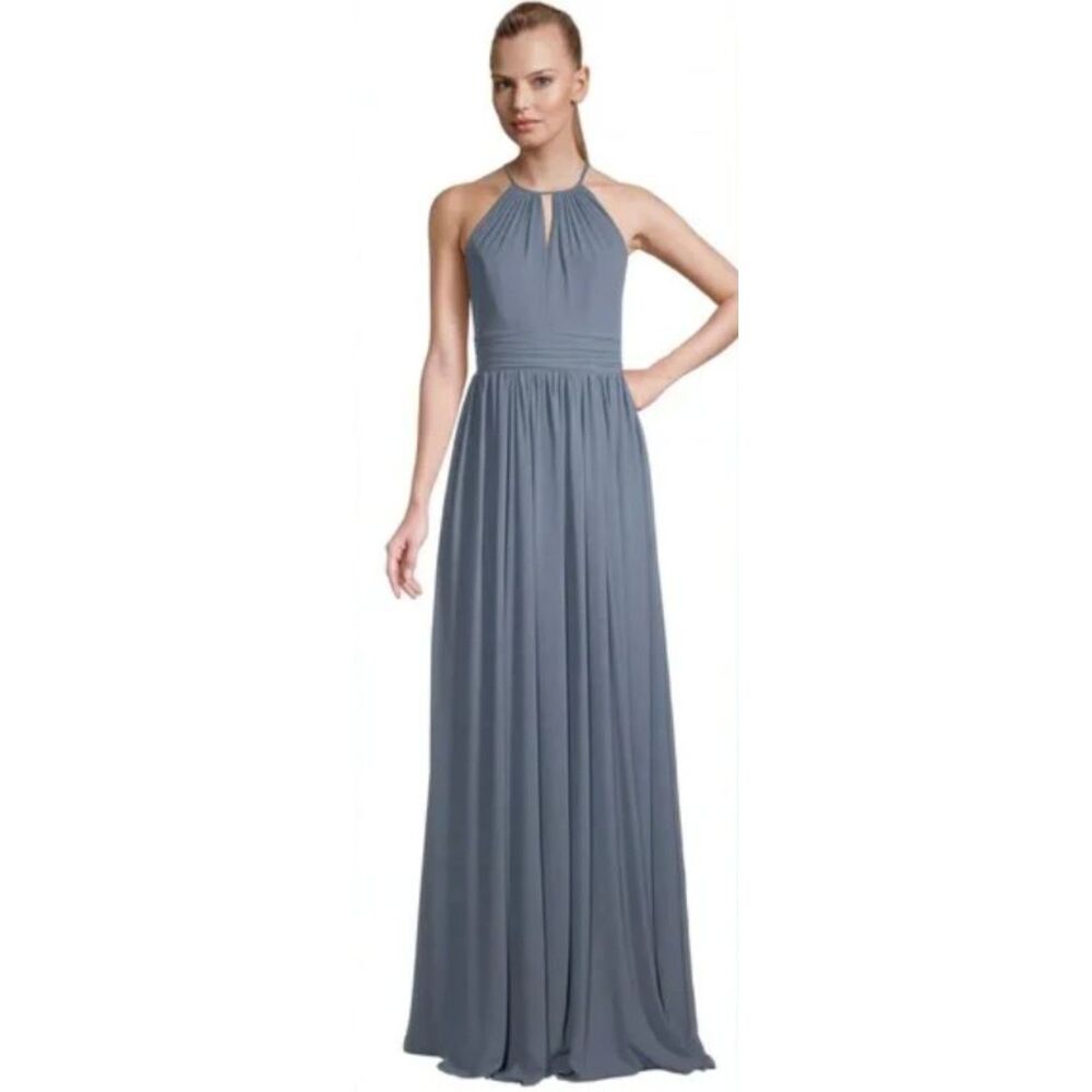 BILL LEVKOFF Gray Halter Top Ruched Chiffon Maxi Prom Dress Gown Size 8